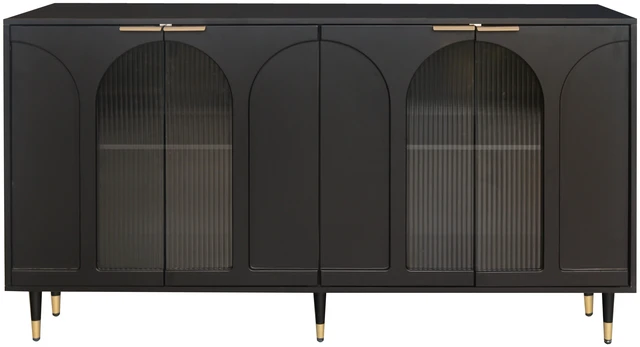 Alt view image 5 of 7 - Accent Cabinet Black Lacquered Wooden Cabinet with 4 Glass Doors Sideboard Buffet Server Cabinet Storage Cabinet, for Living Room, Entryway, Hallway, Office, Kitchen and Dining Room