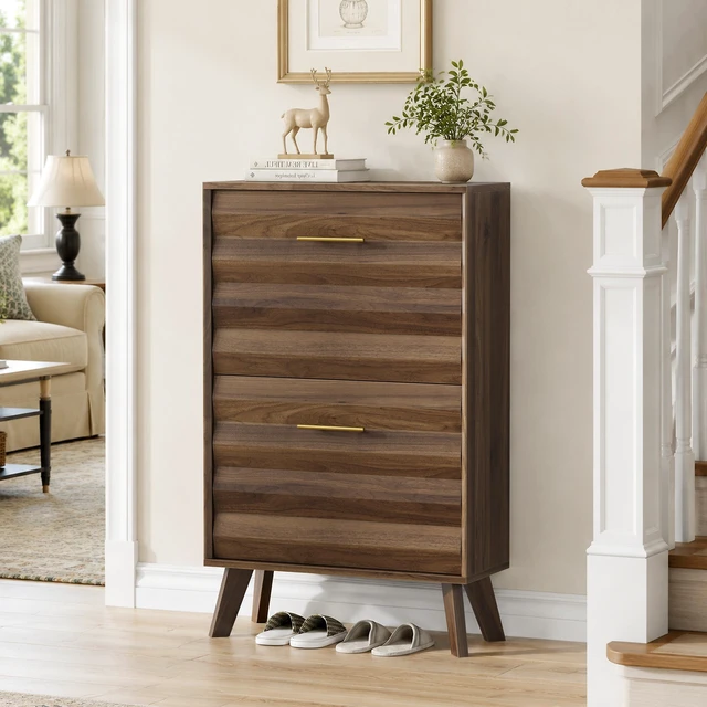 Main image of 23.6-inch Walnut Wood Slim Flip-Top Shoe Cabinet, Mid-century Modern Freestanding Shoe Cabinet, Home Entryway Double Flip-Top Door Large Capacity Narrow Style Shoe Rack
