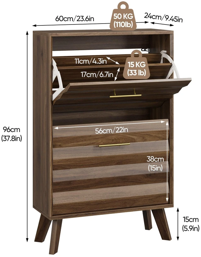 Alt view image 2 of 7 - 23.6-inch Walnut Wood Slim Flip-Top Shoe Cabinet, Mid-century Modern Freestanding Shoe Cabinet, Home Entryway Double Flip-Top Door Large Capacity Narrow Style Shoe Rack
