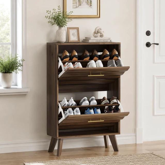 Alt view image 4 of 7 - 23.6-inch Walnut Wood Slim Flip-Top Shoe Cabinet, Mid-century Modern Freestanding Shoe Cabinet, Home Entryway Double Flip-Top Door Large Capacity Narrow Style Shoe Rack