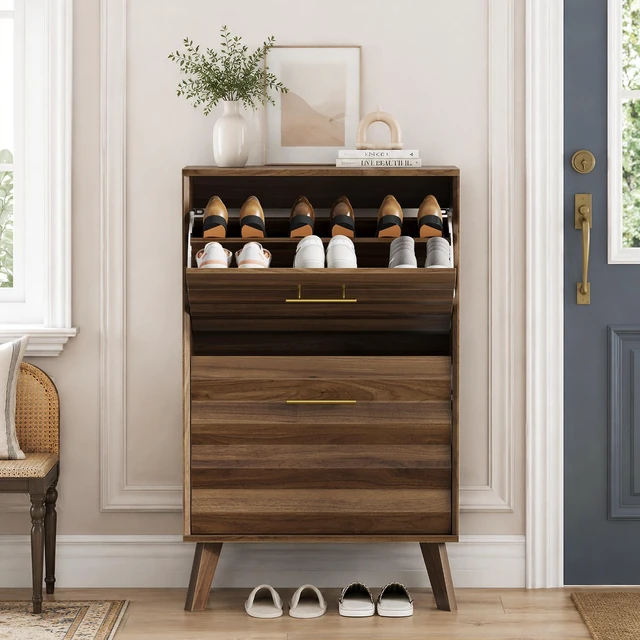 Alt view image 3 of 7 - 23.6-inch Walnut Wood Slim Flip-Top Shoe Cabinet, Mid-century Modern Freestanding Shoe Cabinet, Home Entryway Double Flip-Top Door Large Capacity Narrow Style Shoe Rack
