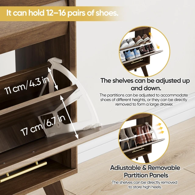Alt view image 6 of 7 - 23.6-inch Walnut Wood Slim Flip-Top Shoe Cabinet, Mid-century Modern Freestanding Shoe Cabinet, Home Entryway Double Flip-Top Door Large Capacity Narrow Style Shoe Rack