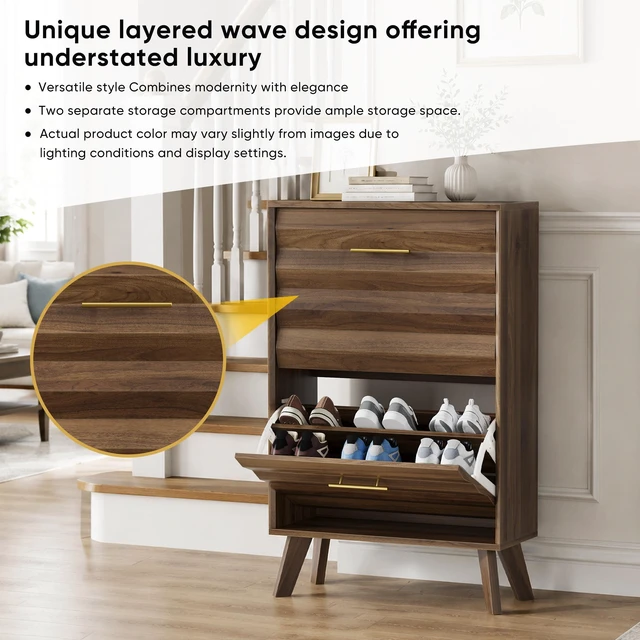 Alt view image 5 of 7 - 23.6-inch Walnut Wood Slim Flip-Top Shoe Cabinet, Mid-century Modern Freestanding Shoe Cabinet, Home Entryway Double Flip-Top Door Large Capacity Narrow Style Shoe Rack