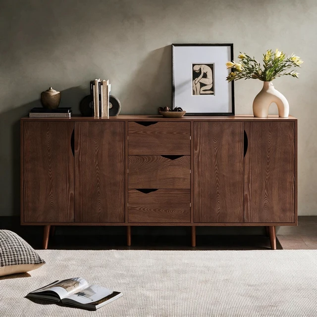 Main image of 63'' Modern Storage Cabinet with 4 Doors & 3 Drawers, Wood Veneer Exterior, Solid Wood Inner Panels & 6 Solid Wood Legs, Freestanding Organizer for Living Room, Kitchen, Hallway, Walnut