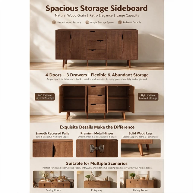 Alt view image 5 of 7 - 63'' Modern Storage Cabinet with 4 Doors & 3 Drawers, Wood Veneer Exterior, Solid Wood Inner Panels & 6 Solid Wood Legs, Freestanding Organizer for Living Room, Kitchen, Hallway, Walnut