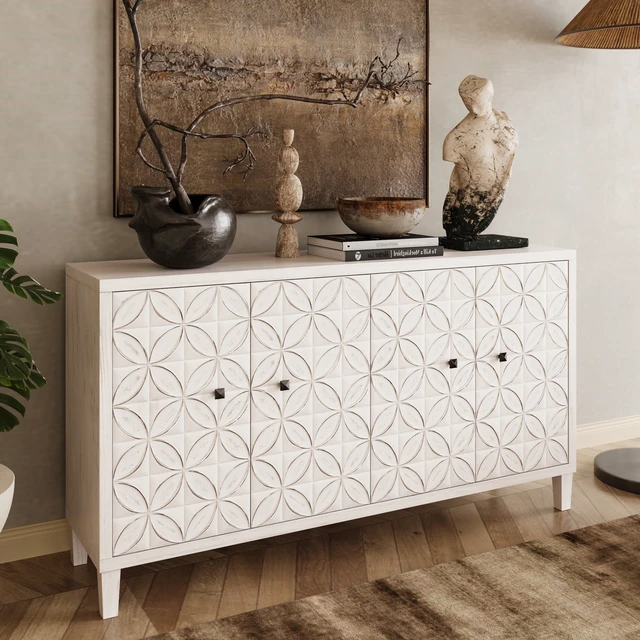 Alt view image 2 of 7 - Accent Cabinet 4 Door Wooden Cabinet Sideboard Buffet Server Cabinet Storage Cabinet, for Living Room, Entryway, Hallway, Office, Kitchen and Dining Room, White Wash