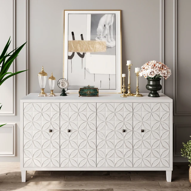 Alt view image 5 of 7 - Accent Cabinet 4 Door Wooden Cabinet Sideboard Buffet Server Cabinet Storage Cabinet, for Living Room, Entryway, Hallway, Office, Kitchen and Dining Room, White Wash