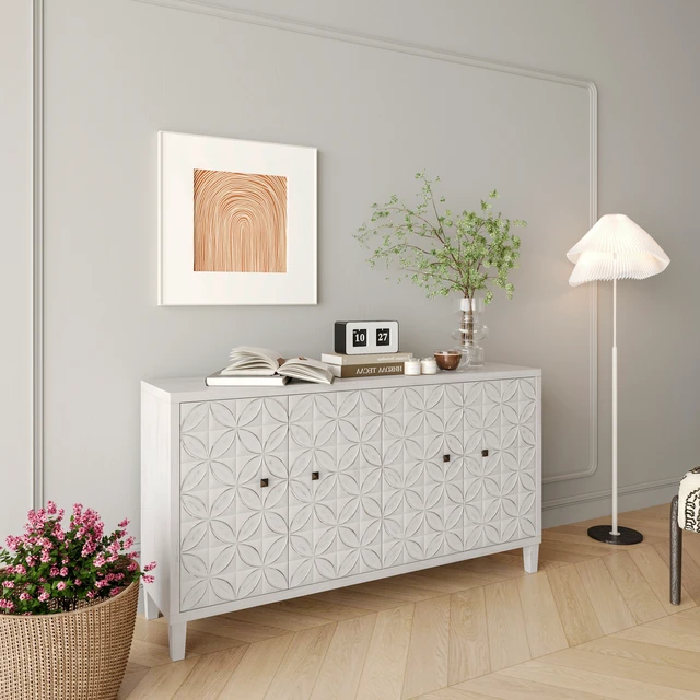 Alt view image 4 of 7 - Accent Cabinet 4 Door Wooden Cabinet Sideboard Buffet Server Cabinet Storage Cabinet, for Living Room, Entryway, Hallway, Office, Kitchen and Dining Room, White Wash