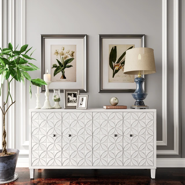 Alt view image 3 of 7 - Accent Cabinet 4 Door Wooden Cabinet Sideboard Buffet Server Cabinet Storage Cabinet, for Living Room, Entryway, Hallway, Office, Kitchen and Dining Room, White Wash
