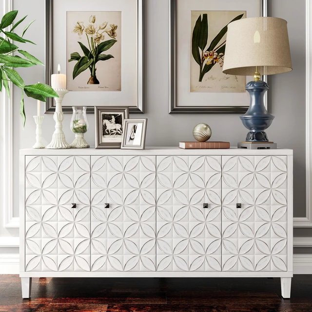 Main image of Accent Cabinet 4 Door Wooden Cabinet Sideboard Buffet Server Cabinet Storage Cabinet, for Living Room, Entryway, Hallway, Office, Kitchen and Dining Room, White Wash