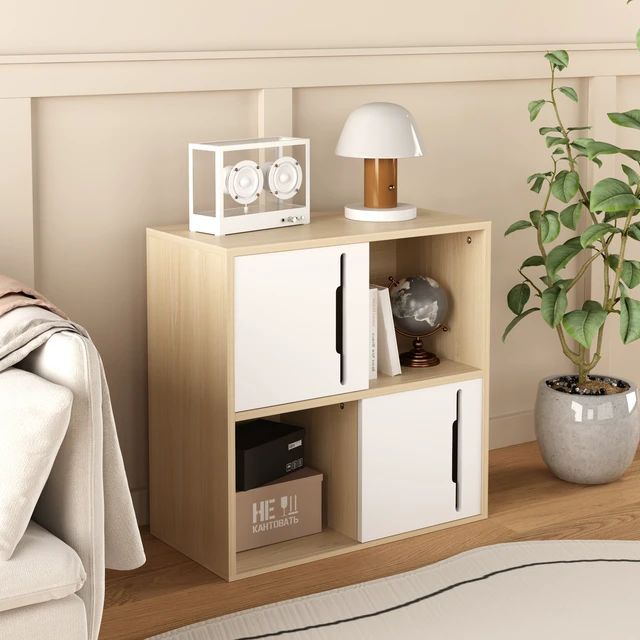 Alt view image 2 of 7 - Modern Wooden Storage Cabinet with Sliding Doors,2-Tier Open and Closed Shelves Organizer,Natural Wood Finish with White Panels,for Living Room,Bedroom,or Kids'Room
