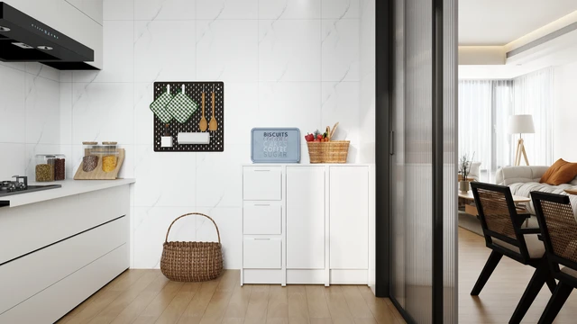 Alt view image 6 of 7 - 36" Freestanding Bathroom Storage Cabinet, Soft Close Doors and Drawers , Glossy White, Plywood, KD-Packing, 12" x3 Combination (Suitable For Bathroom, Kitchen, Study Room, Bedroom, Etc)