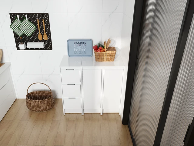 Alt view image 3 of 7 - 36" Freestanding Bathroom Storage Cabinet, Soft Close Doors and Drawers , Glossy White, Plywood, KD-Packing, 12" x3 Combination (Suitable For Bathroom, Kitchen, Study Room, Bedroom, Etc)