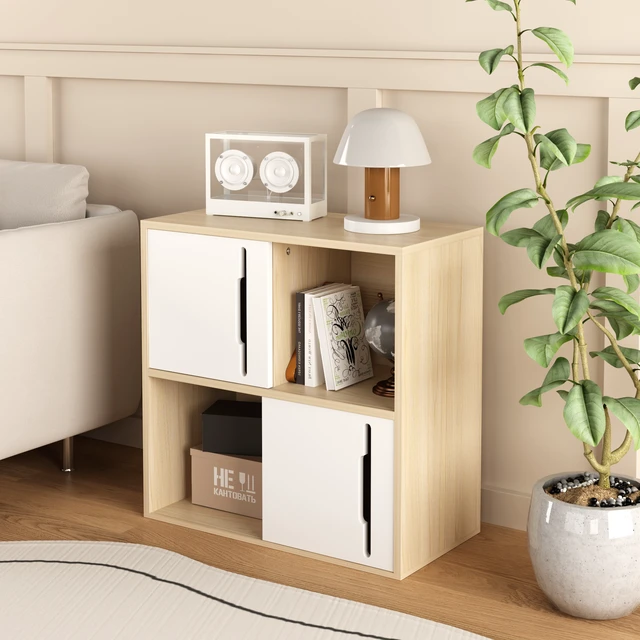 Alt view image 3 of 7 - Modern Wooden Storage Cabinet with Sliding Doors,2-Tier Open and Closed Shelves Organizer,Natural Wood Finish with White Panels,for Living Room,Bedroom,or Kids'Room