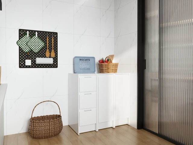 Alt view image 4 of 7 - 36" Freestanding Bathroom Storage Cabinet, Soft Close Doors and Drawers , Glossy White, Plywood, KD-Packing, 12" x3 Combination (Suitable For Bathroom, Kitchen, Study Room, Bedroom, Etc)