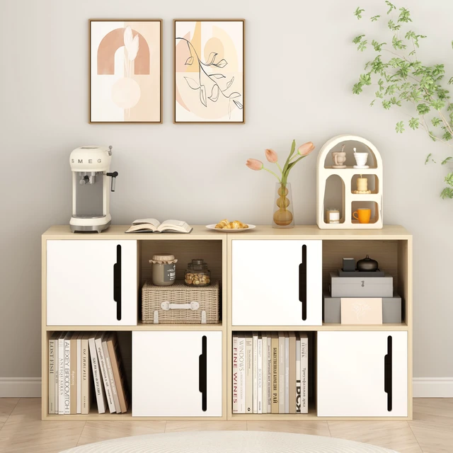 Alt view image 6 of 7 - Modern Wooden Storage Cabinet with Sliding Doors,2-Tier Open and Closed Shelves Organizer,Natural Wood Finish with White Panels,for Living Room,Bedroom,or Kids'Room