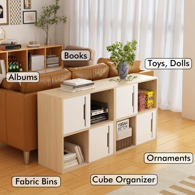 Alt view image 7 of 7 - Modern Wooden Storage Cabinet with Sliding Doors,2-Tier Open and Closed Shelves Organizer,Natural Wood Finish with White Panels,for Living Room,Bedroom,or Kids'Room