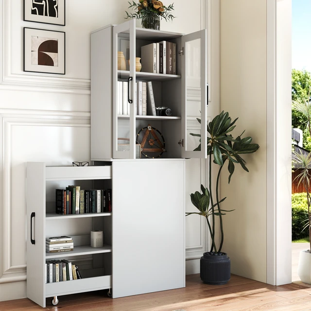 Alt view image 5 of 7 - 70.87" H Display Storage Cabinet , 4 Tier multi-functional pull-out multi-tier storage shelf & 2 Glass Doors, Modern Wooden Kitchen Pantry Cabinet for Living Room or Kitchen and Dinning Room