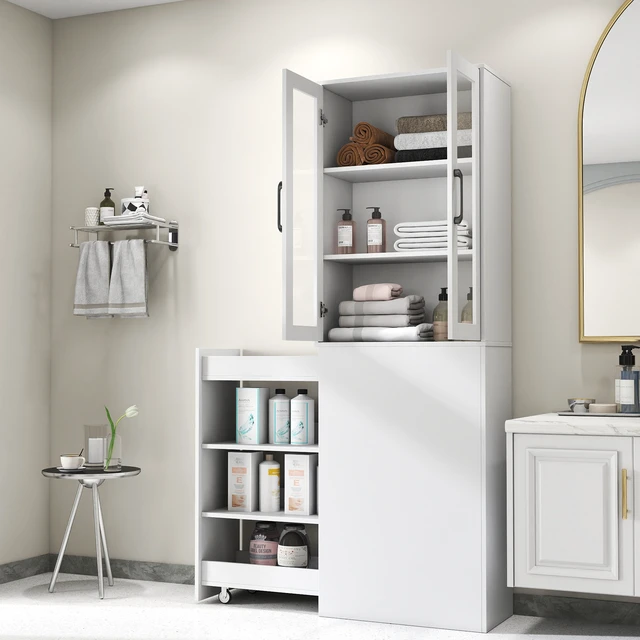 Alt view image 2 of 7 - 70.87" H Display Storage Cabinet , 4 Tier multi-functional pull-out multi-tier storage shelf & 2 Glass Doors, Modern Wooden Kitchen Pantry Cabinet for Living Room or Kitchen and Dinning Room