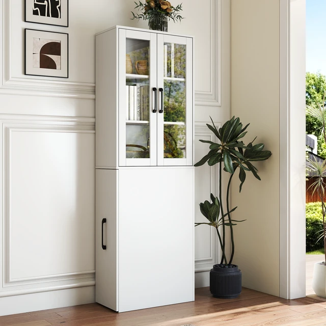 Alt view image 6 of 7 - 70.87" H Display Storage Cabinet , 4 Tier multi-functional pull-out multi-tier storage shelf & 2 Glass Doors, Modern Wooden Kitchen Pantry Cabinet for Living Room or Kitchen and Dinning Room