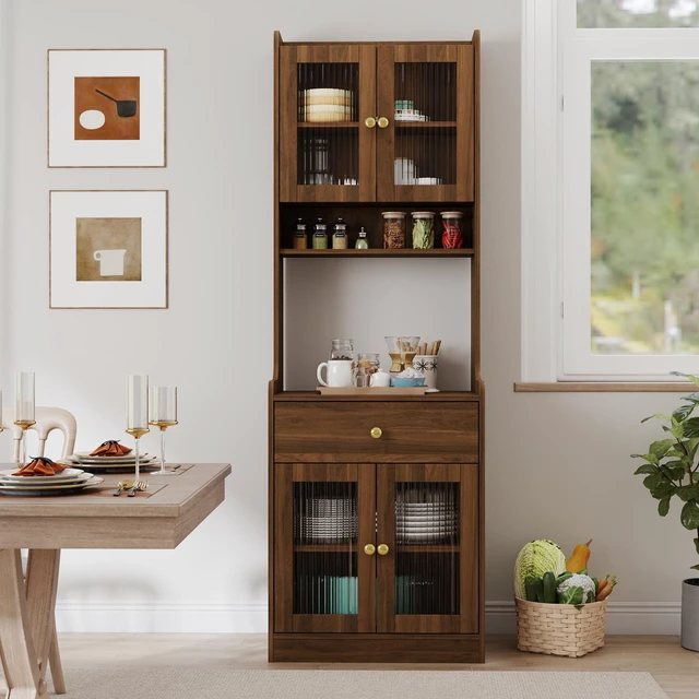 Main image of Kitchen Pantry Hutch Storage Cabinet, Farmhouse Kitchen Hutch Buffet Cabinet with Microwave Stand, Freestanding Buffet Sideboard Coffee Bar Cabinet