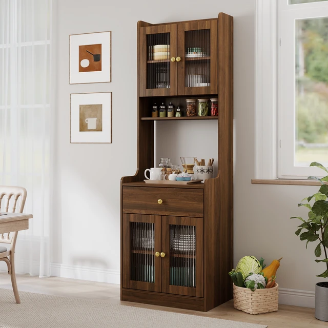 Alt view image 3 of 7 - Kitchen Pantry Hutch Storage Cabinet, Farmhouse Kitchen Hutch Buffet Cabinet with Microwave Stand, Freestanding Buffet Sideboard Coffee Bar Cabinet