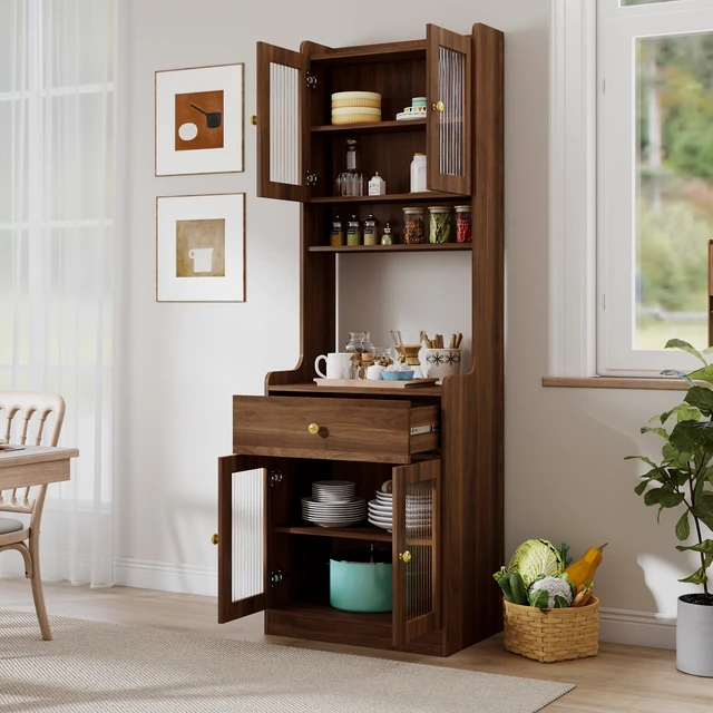Alt view image 2 of 7 - Kitchen Pantry Hutch Storage Cabinet, Farmhouse Kitchen Hutch Buffet Cabinet with Microwave Stand, Freestanding Buffet Sideboard Coffee Bar Cabinet
