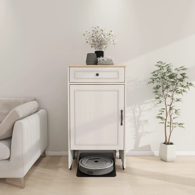 Main image of Robot Vacuum Stand Cabinet with Wheels, Sweeping Robot Storage Rack with Doors and Drawers, Side Table for Living Room, Home Office, Kitchen-Antique White
