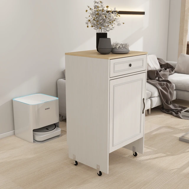Alt view image 2 of 7 - Robot Vacuum Stand Cabinet with Wheels, Sweeping Robot Storage Rack with Doors and Drawers, Side Table for Living Room, Home Office, Kitchen-Antique White