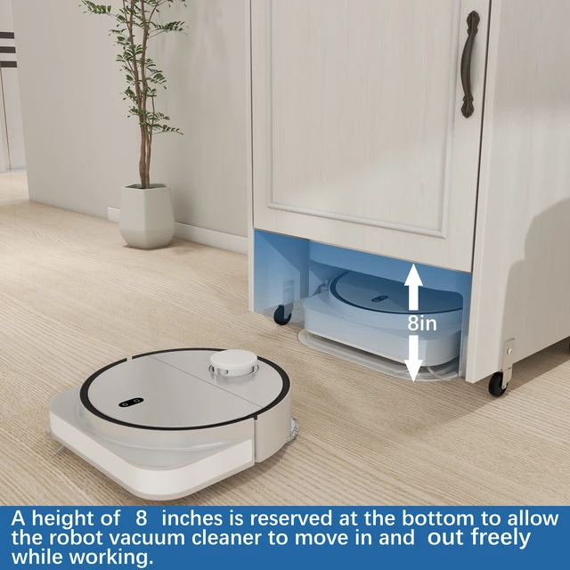 Alt view image 4 of 7 - Robot Vacuum Stand Cabinet with Wheels, Sweeping Robot Storage Rack with Doors and Drawers, Side Table for Living Room, Home Office, Kitchen-Antique White