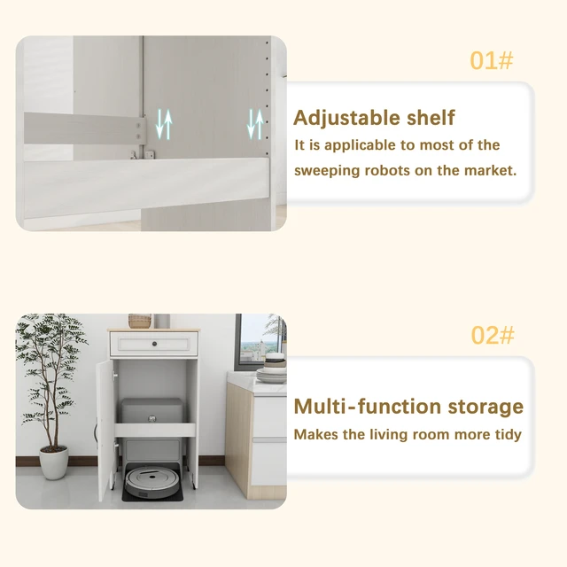 Alt view image 6 of 7 - Robot Vacuum Stand Cabinet with Wheels, Sweeping Robot Storage Rack with Doors and Drawers, Side Table for Living Room, Home Office, Kitchen-Antique White