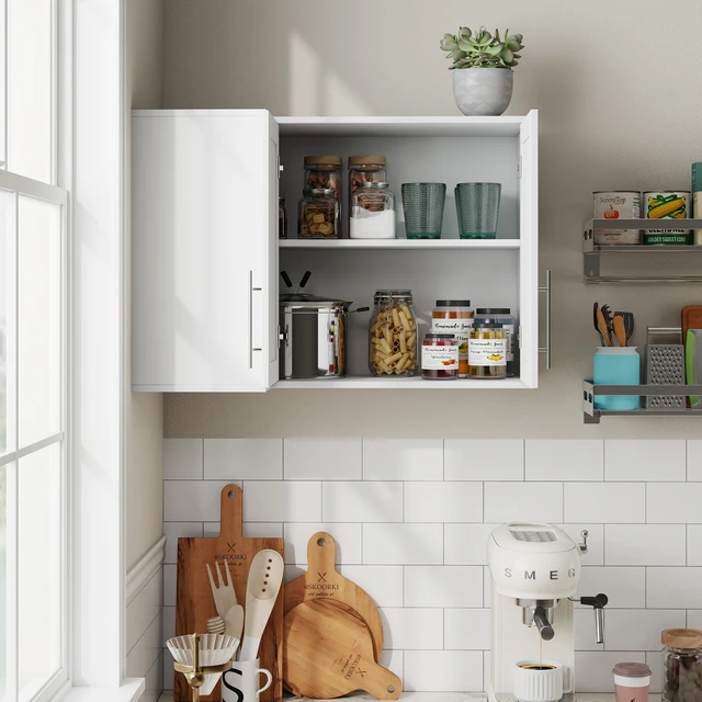 Alt view image 3 of 7 - L Shape Wall Mounted Kitchen Sideboard Cabinet with 2 Door, 3 Layers Shelves, Storage Buffet Cabinet for Bathroom, Dining Rooms