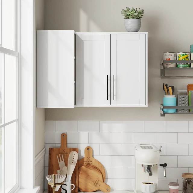 Alt view image 2 of 7 - L Shape Wall Mounted Kitchen Sideboard Cabinet with 2 Door, 3 Layers Shelves, Storage Buffet Cabinet for Bathroom, Dining Rooms