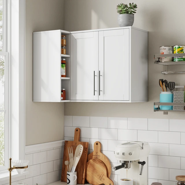 Alt view image 4 of 7 - L Shape Wall Mounted Kitchen Sideboard Cabinet with 2 Door, 3 Layers Shelves, Storage Buffet Cabinet for Bathroom, Dining Rooms