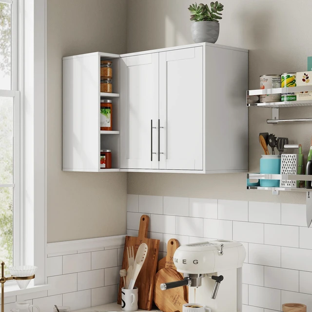 Main image of L Shape Wall Mounted Kitchen Sideboard Cabinet with 2 Door, 3 Layers Shelves, Storage Buffet Cabinet for Bathroom, Dining Rooms