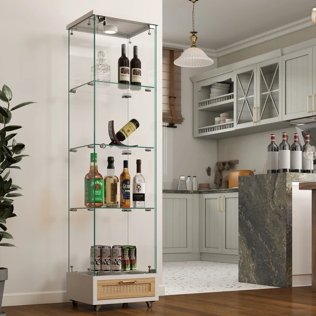 Alt view image 5 of 7 - Modern Glass Display Cabinet with Drawer , Quick-assembly Antique Cabinet with LED lights, Tempered Glass Bookshelf, 1-Door Storage Case with 4 Shelves for Living Room and Bedroom, white and natural