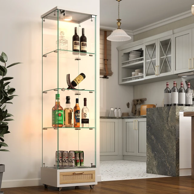 Alt view image 6 of 7 - Modern Glass Display Cabinet with Drawer , Quick-assembly Antique Cabinet with LED lights, Tempered Glass Bookshelf, 1-Door Storage Case with 4 Shelves for Living Room and Bedroom, white and natural