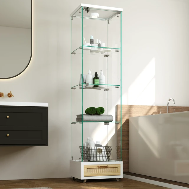 Alt view image 4 of 7 - Modern Glass Display Cabinet with Drawer , Quick-assembly Antique Cabinet with LED lights, Tempered Glass Bookshelf, 1-Door Storage Case with 4 Shelves for Living Room and Bedroom, white and natural