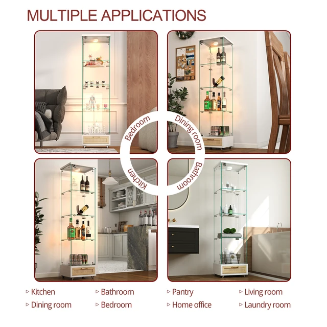 Alt view image 7 of 7 - Modern Glass Display Cabinet with Drawer , Quick-assembly Antique Cabinet with LED lights, Tempered Glass Bookshelf, 1-Door Storage Case with 4 Shelves for Living Room and Bedroom, white and natural