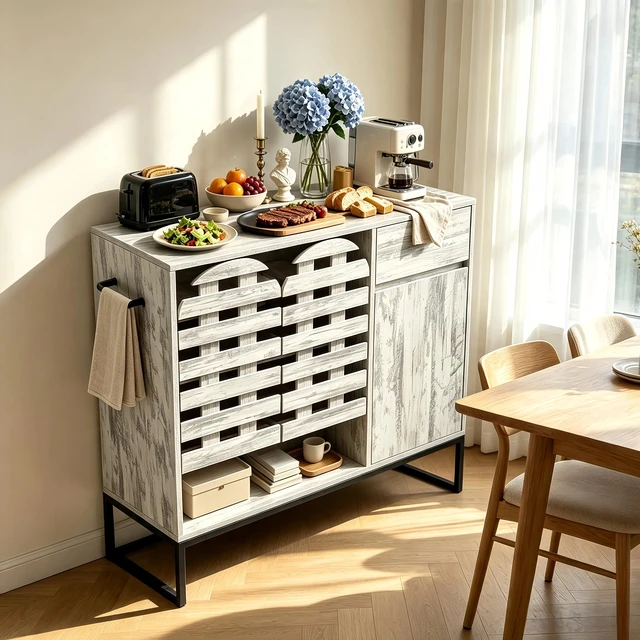 Main image of 44.3"Farmhouse Sideboard Cabinet with Storage,Coffee Bar Console Table With Storage,rustic storage cabinet with arched lattice doors and drawer - for Living Room,kitchen, Entryway retro white