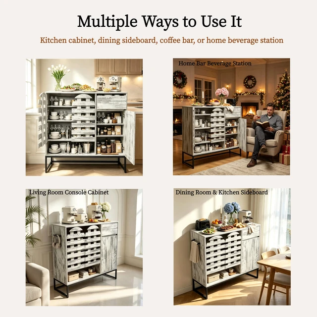 Alt view image 4 of 7 - 44.3"Farmhouse Sideboard Cabinet with Storage,Coffee Bar Console Table With Storage,rustic storage cabinet with arched lattice doors and drawer - for Living Room,kitchen, Entryway retro white