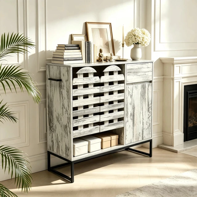 Alt view image 5 of 7 - 44.3"Farmhouse Sideboard Cabinet with Storage,Coffee Bar Console Table With Storage,rustic storage cabinet with arched lattice doors and drawer - for Living Room,kitchen, Entryway retro white