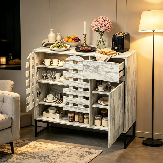 Alt view image 6 of 7 - 44.3"Farmhouse Sideboard Cabinet with Storage,Coffee Bar Console Table With Storage,rustic storage cabinet with arched lattice doors and drawer - for Living Room,kitchen, Entryway retro white