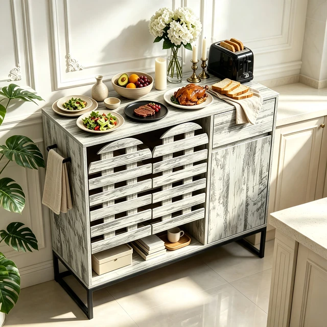 Alt view image 7 of 7 - 44.3"Farmhouse Sideboard Cabinet with Storage,Coffee Bar Console Table With Storage,rustic storage cabinet with arched lattice doors and drawer - for Living Room,kitchen, Entryway retro white