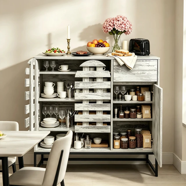 Alt view image 3 of 7 - 44.3"Farmhouse Sideboard Cabinet with Storage,Coffee Bar Console Table With Storage,rustic storage cabinet with arched lattice doors and drawer - for Living Room,kitchen, Entryway retro white