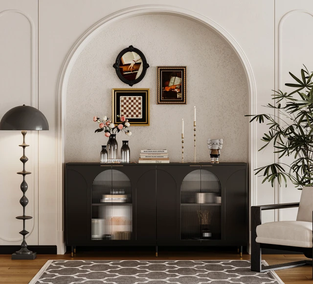 Alt view image 2 of 7 - Accent Cabinet Black Lacquered Wooden Cabinet with 4 Glass Doors Sideboard Buffet Server Cabinet Storage Cabinet, for Living Room, Entryway, Hallway, Office, Kitchen and Dining Room