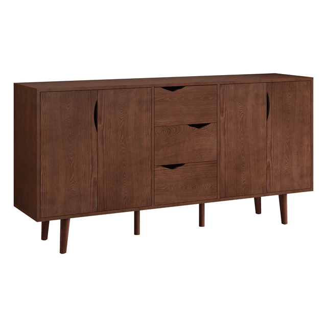 Alt view image 7 of 7 - 63'' Modern Storage Cabinet with 4 Doors & 3 Drawers, Wood Veneer Exterior, Solid Wood Inner Panels & 6 Solid Wood Legs, Freestanding Organizer for Living Room, Kitchen, Hallway, Walnut