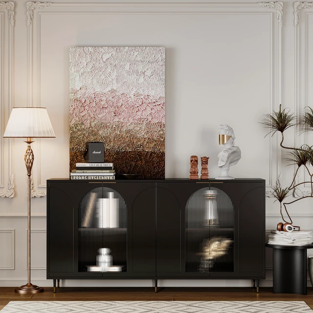 Alt view image 4 of 7 - Accent Cabinet Black Lacquered Wooden Cabinet with 4 Glass Doors Sideboard Buffet Server Cabinet Storage Cabinet, for Living Room, Entryway, Hallway, Office, Kitchen and Dining Room