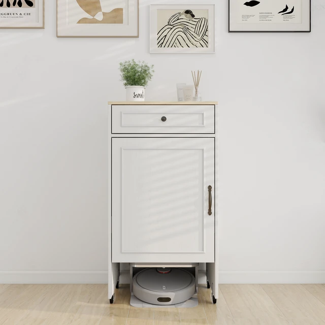 Alt view image 7 of 7 - Robot Vacuum Stand Cabinet with Wheels, Sweeping Robot Storage Rack with Doors and Drawers, Side Table for Living Room, Home Office, Kitchen-Antique White