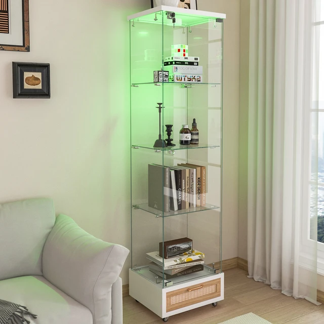 Alt view image 2 of 7 - Modern Glass Display Cabinet with Drawer , Quick-assembly Antique Cabinet with LED lights, Tempered Glass Bookshelf, 1-Door Storage Case with 4 Shelves for Living Room and Bedroom, white and natural